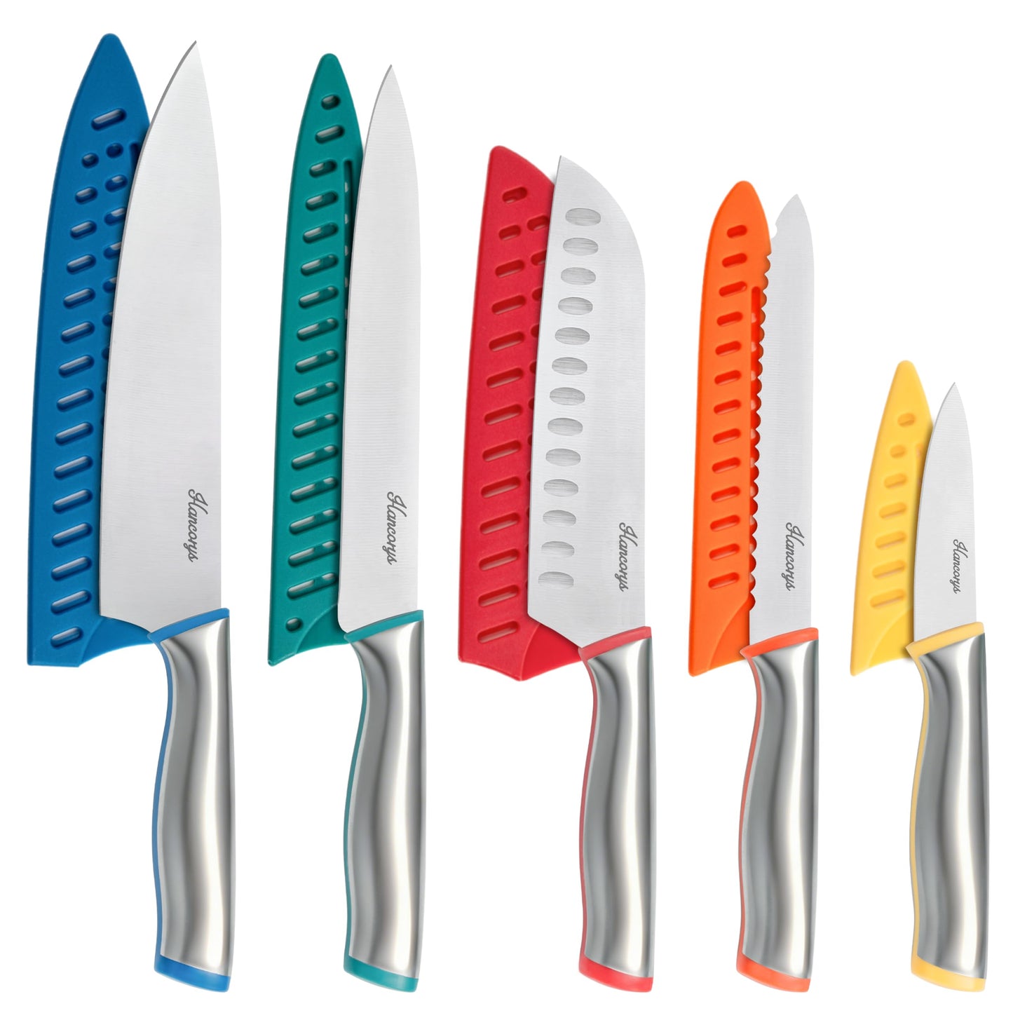 Hancorys Knife Set, 11 Pcs Kitchen Knives Set, Enduring Razor-Sharp German High Carbon Stainless Steel Chef Knife Set with 5 Blade Guards, Perfect Holiday Gifts for Kitchen
