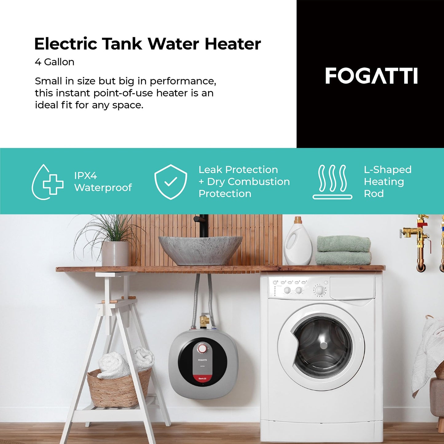 FOGATTI Electric Mini Tank Water Heater, 4.0 Gallon Point of Use Instant Hot Water Heater 120V 1440W, Food Truck Water Heater, Under Sink, Wall or Floor Mounted, Easy to Install