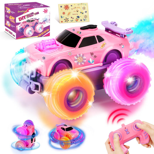 Drefirsa Princess Remote Control Car for Girl, Pink Monster Truck with DIY Sticker, Headlight, Colorful Wheel Light, Rotation, Spin and Spray, Toy Car for Girl 3 4 5 6 7 8 Year Old Birthday Gift