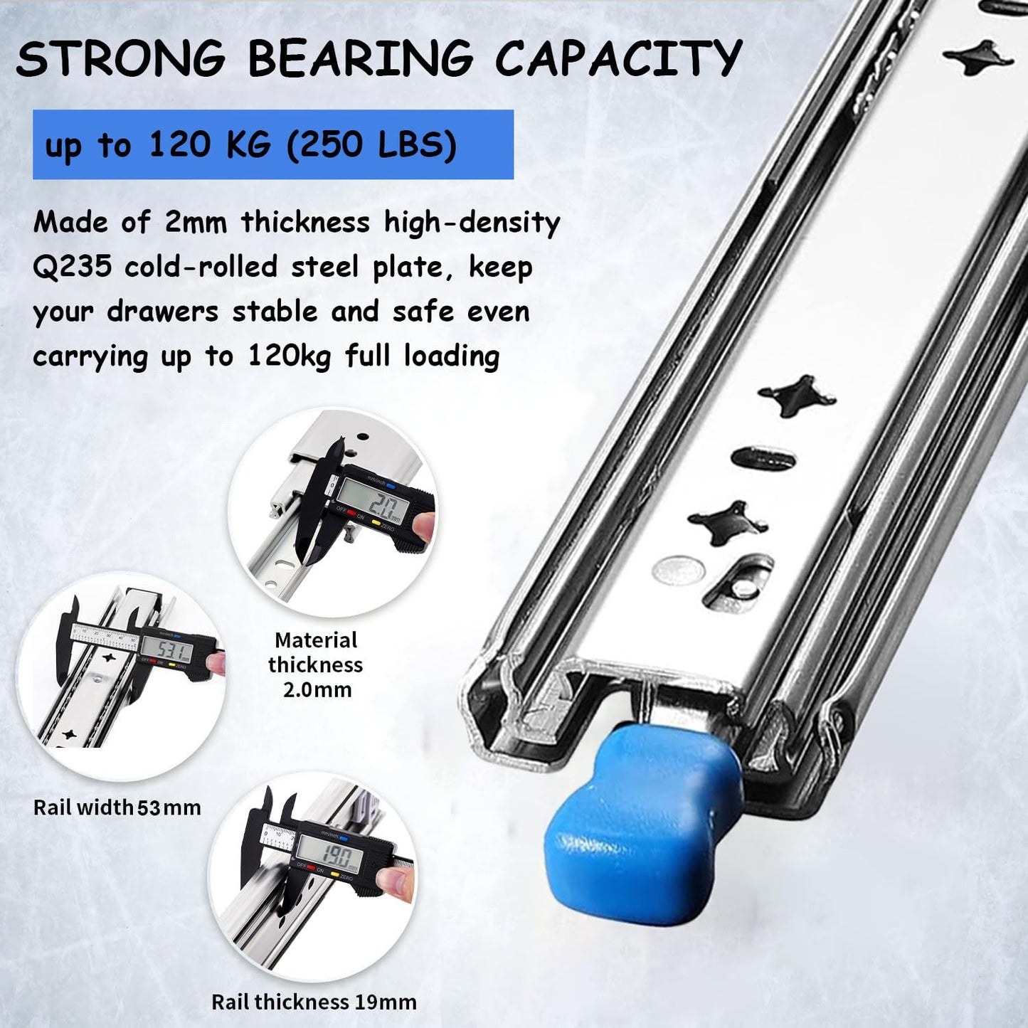 Heavy Duty Drawer Slides with Lock 34 Inch,3-Fold Full Extension Locking Drawer Slides 250 lbs Load Capacity Side Mount Ball Bearing Industrial Locking Rail 1 Pair(W:53mm, 34")