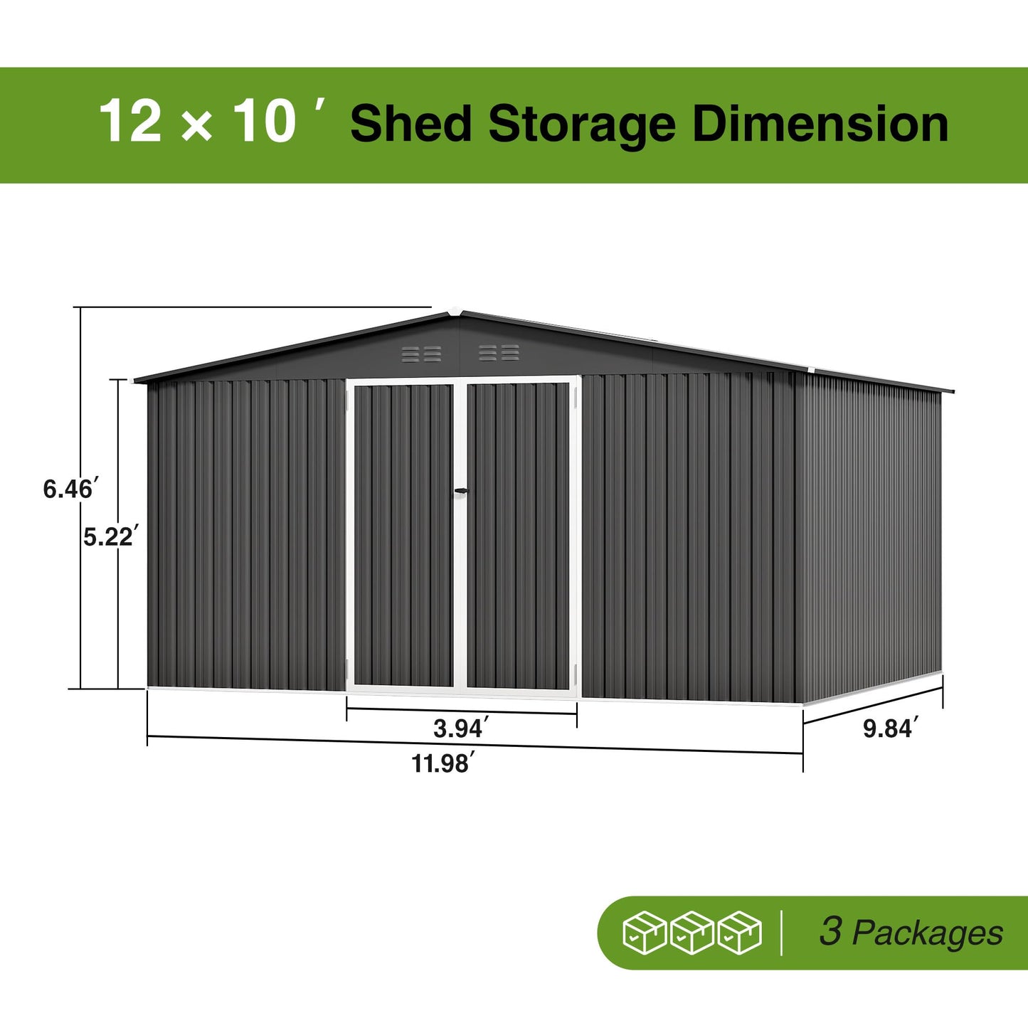 12 x 10FT Sheds & Outdoor Storage, Dark Grey Metal Waterproof Storage Shed with Door and Lock Outdoor Shed,All-Weather Shelter for Bike, Gardening Tools, Lawn Mowers