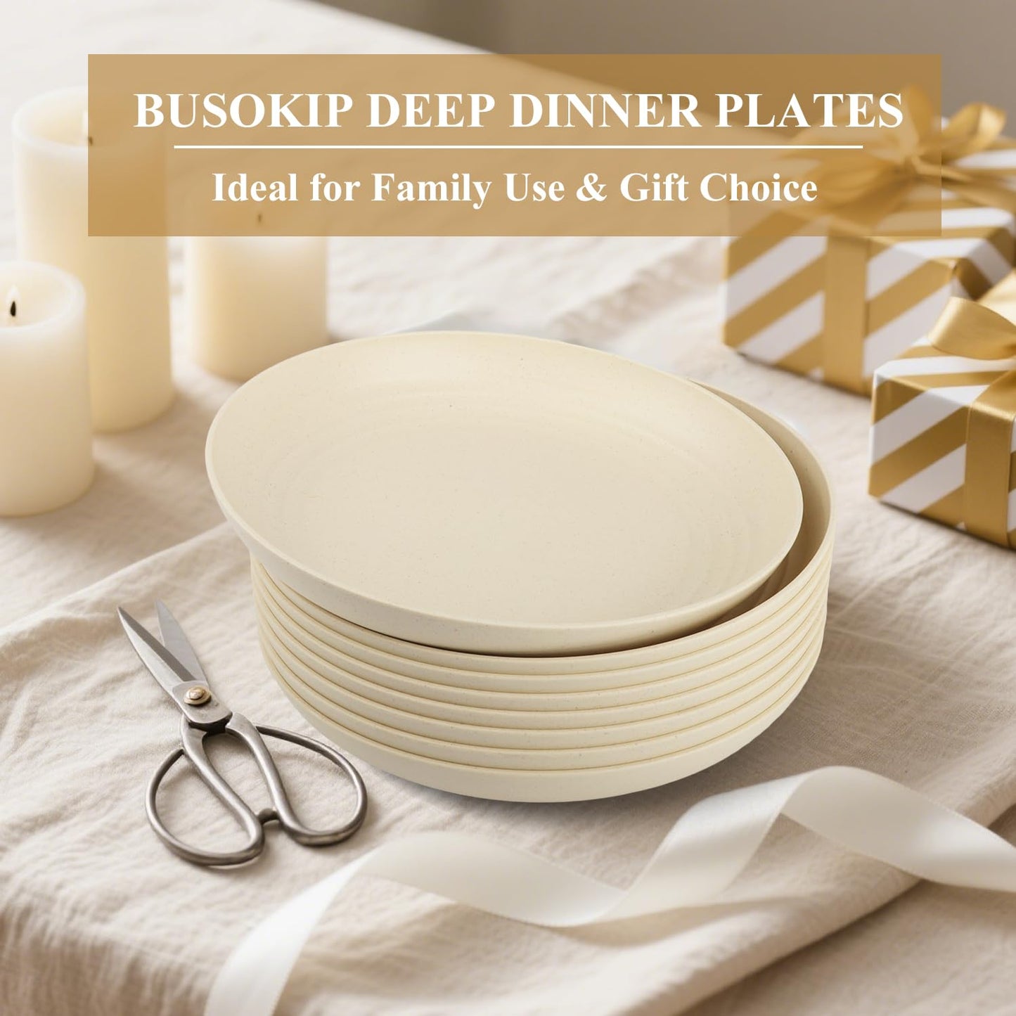 BUSOKIP Deep Dinner Plates Set of 8, Wheat Straw Plate 9 Inch, Lightweight and Unbreakable Plastic Plate Reusable, Microwave & Dishwasher Safe Camping Plates for Picnic, Outdoor, Travel (Beige)