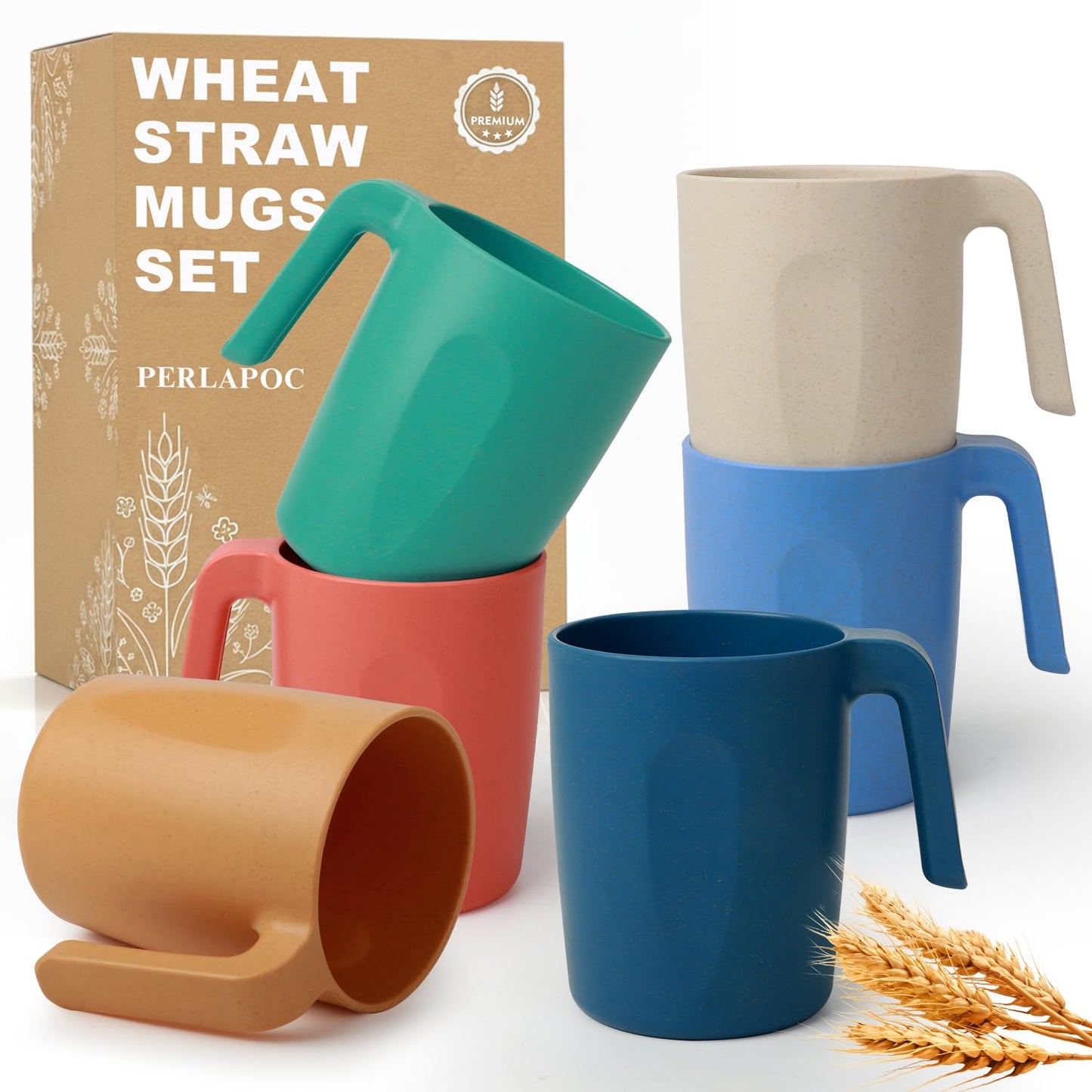 Perlapoc Coffee Mugs Set of 6, Wheat Straw Cups 16 OZ, Unbreakable Coffee Mugs with Handles, Reusable Tea Cup, Microwave Safe & Dishwasher Safe Coffee Tea Cups for Kitchen, Camping, RV, Multi