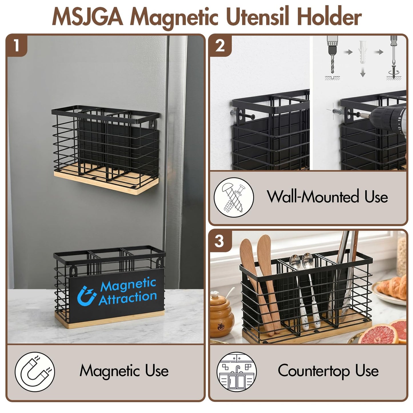 MSJGA Magnetic Utensil Holder for Fridge - 3 Compartment Wall Mounted & Countertop Metal Utensil Organizer with Bamboo Base, Kitchen Utensil Caddy for Spoons, Forks, Knives, Black
