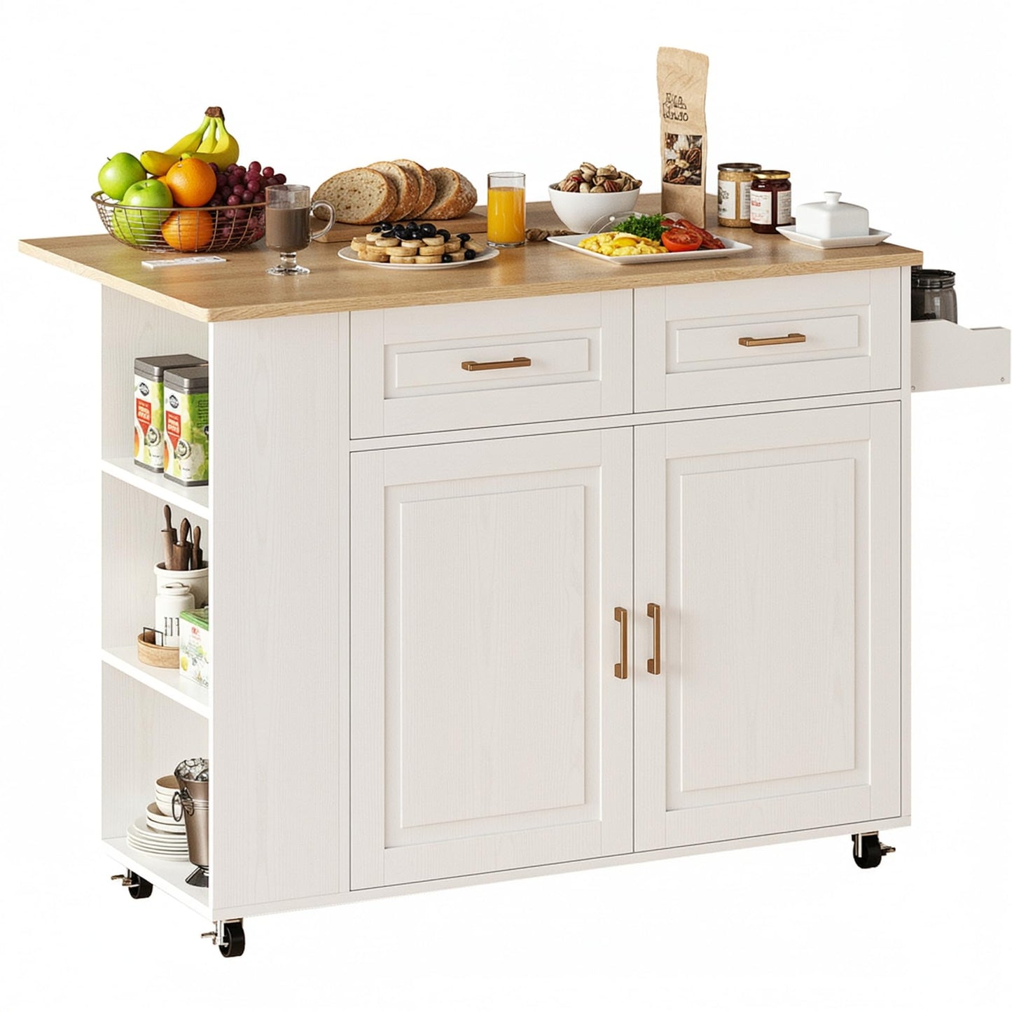 IRONCK Kitchen Island with Power Outlet & Drop Leaf, 47.2" Width Rolling Kitchen Island on Wheels with Storage, Mobile Kitchen Island Cart with Spice Rack, Open Shelves and Drawer, White