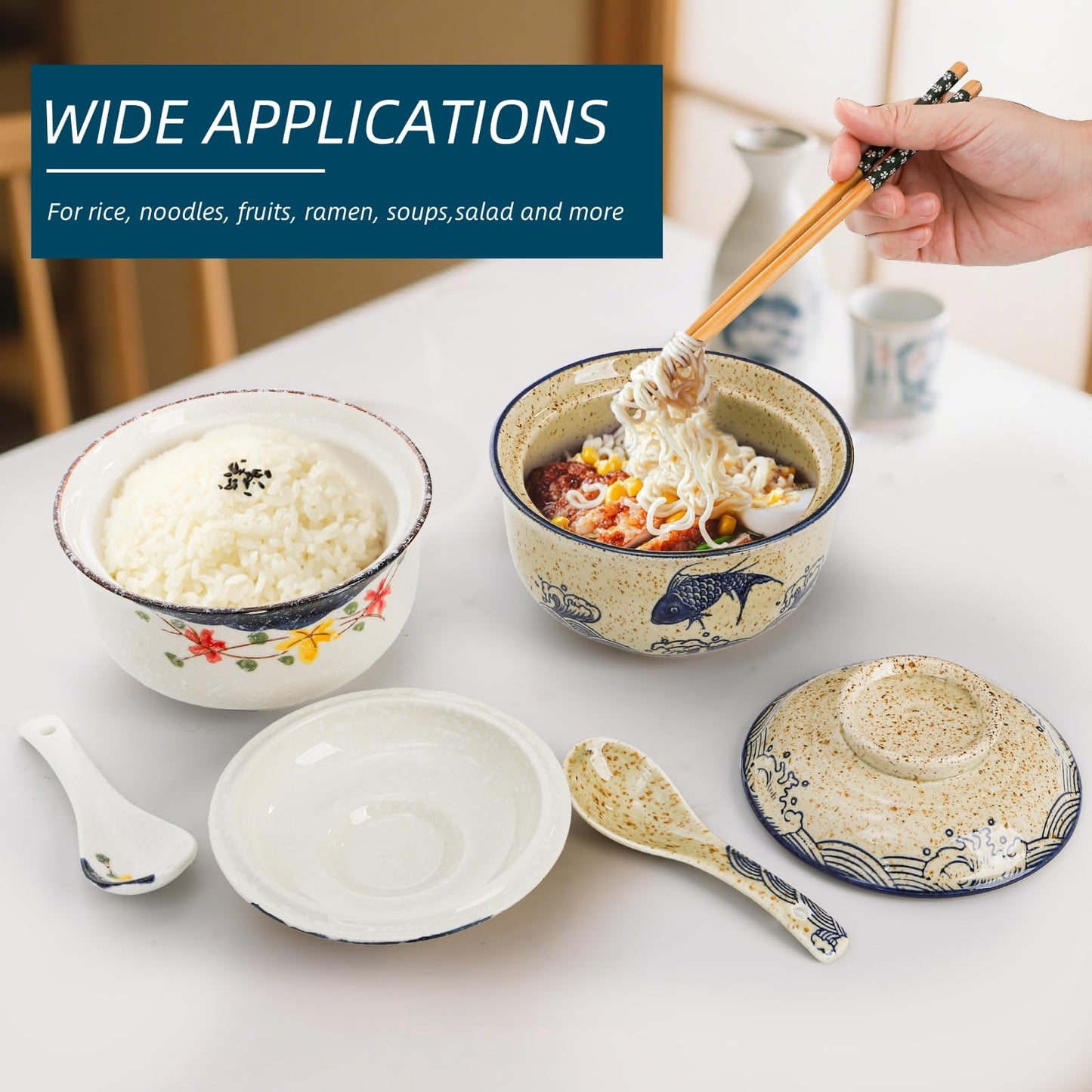Nagpew 2 Pieces Ceramic Ramen Bowls, 25 Oz Large Soup Bowl with Lid, Spoon, Chopstick, Hand-painted Japanese Tableware for Noodles, Salad, Rice, Microwave Dishwasher safe