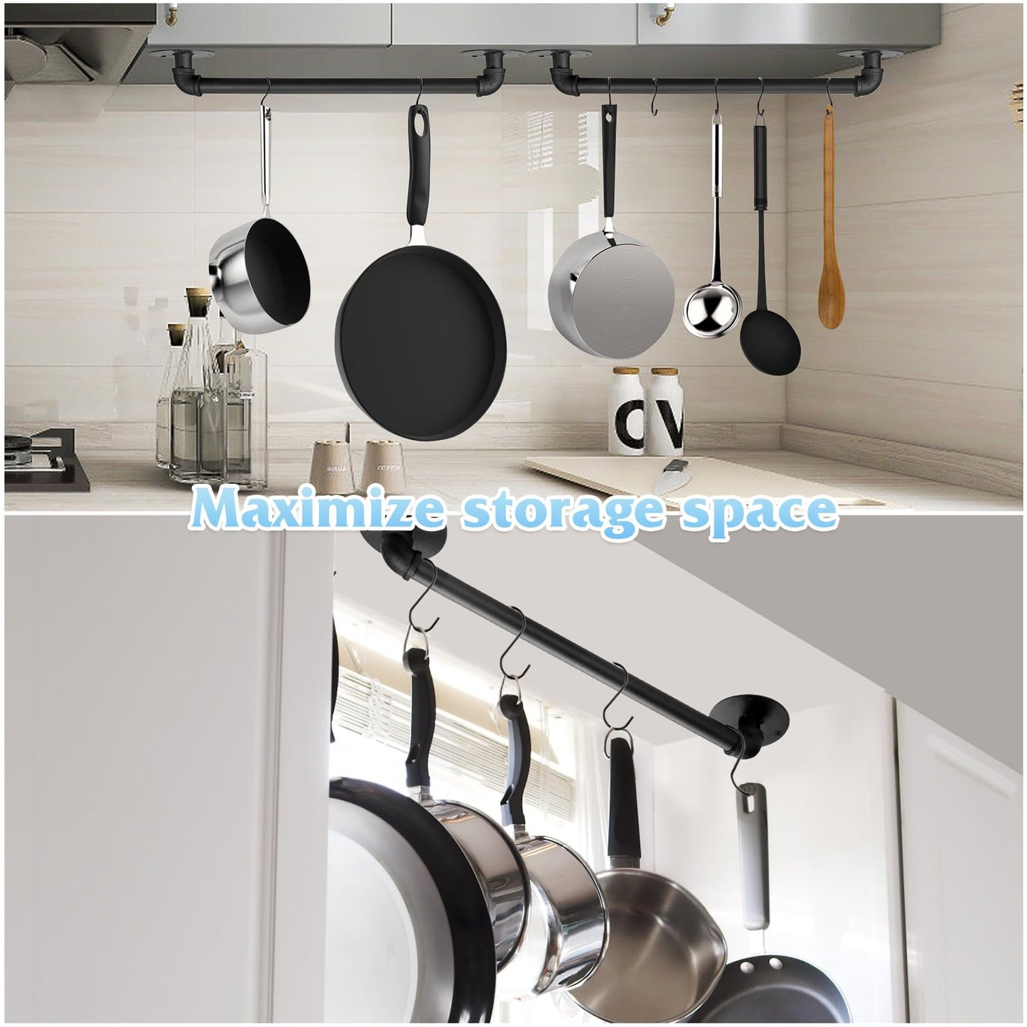 Boshangjia 16 inch Pot Rack Wall Mounted Set of 2, Pan Hangers for Kitchen, Iron Detachable Storage Organizer, Industrial Pipe Lids Holder Utensils Hanging Rail with 8 S Hooks