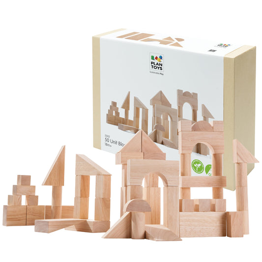 PlanToys Wooden 50 Piece Unit Block (35 mm) Building Set (5502) | Sustainably Made from Rubberwood and Non-Toxic Paints and Dyes | PlanNatural Classic Wooden Toy Collection