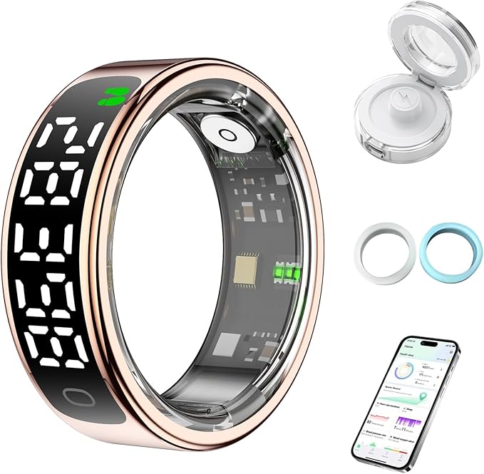 Smart Health Ring for Women Men, Smart Ring Fitness Tracker for iOS Android, Heart Rate, Blood Oxygen, Blood Pressure, Sleep Monitoring,5ATM Waterproof, No Subscription Fee (Gold, 10#)