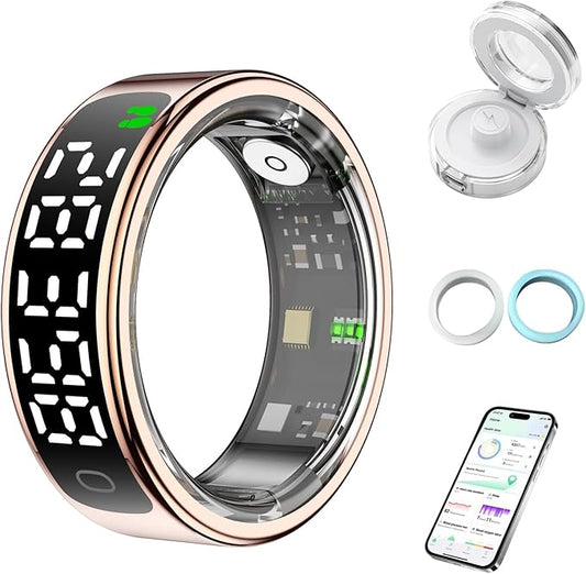 Smart Health Ring for Women Men, Smart Ring Fitness Tracker for iOS Android, Heart Rate, Blood Oxygen, Blood Pressure, Sleep Monitoring,5ATM Waterproof, No Subscription Fee (Gold, 11#)