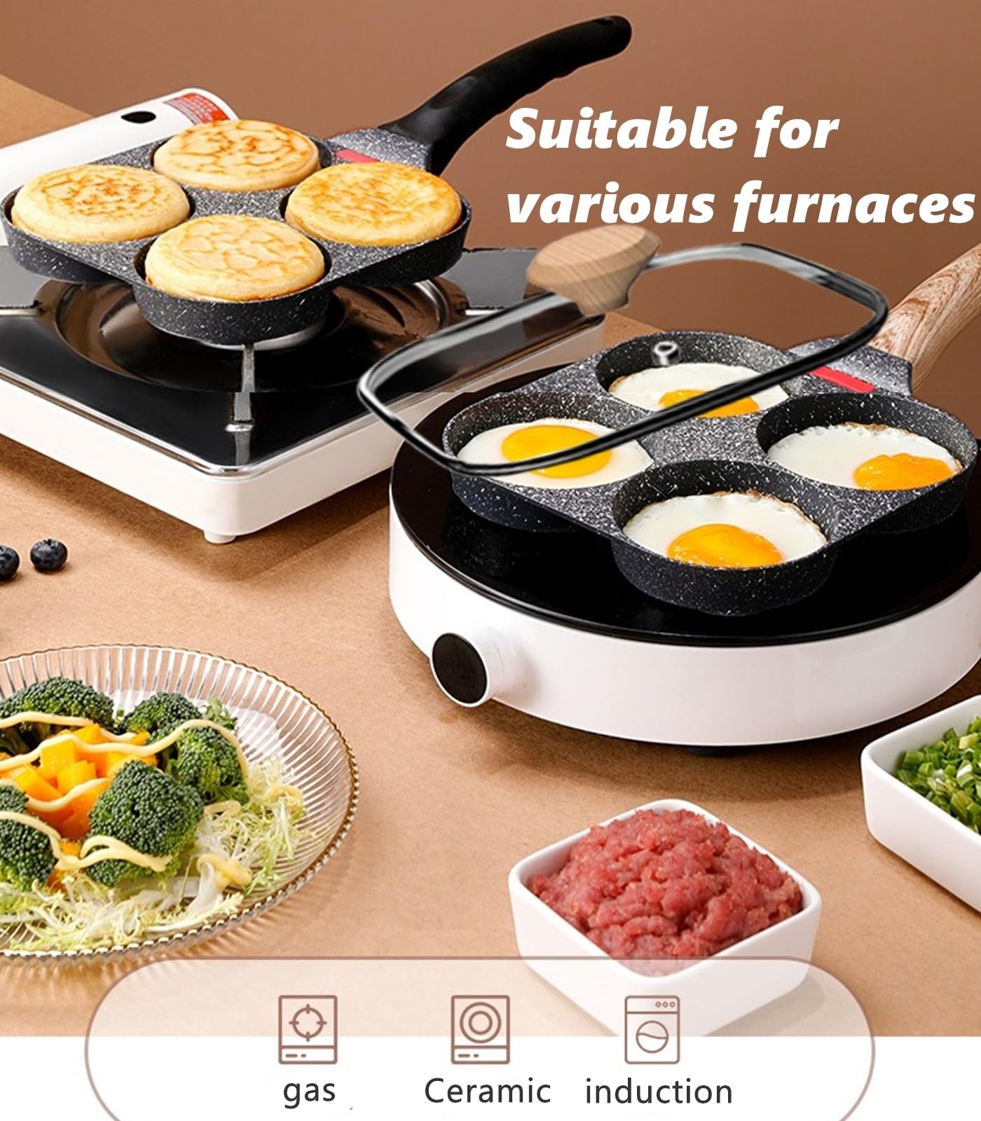 HUPECHAM Egg Pan With Lid 4-Cup Nonstick, and Healthy Granite Egg Frying Pan, Versatile Breakfast Skillet for Eggs, Pancakes, Plett, Crepes, Compatible with Gas Stove and Induction Cooktop