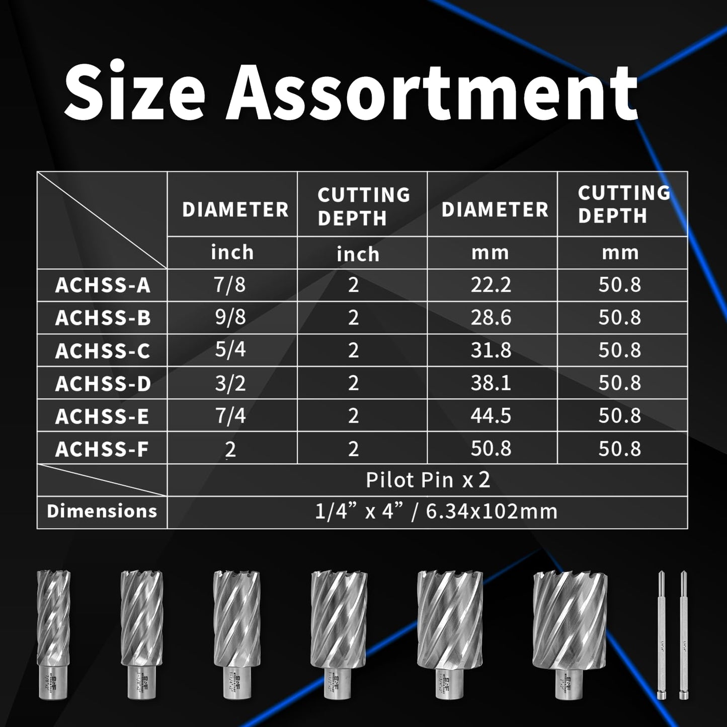 S&F STEAD & FAST Annular Cutter Set 6 Pcs, 2” Cutting Depth, 7/8”, 1-1/8”, 1-1/4”, 1-1/2”, 1-3/4”, 2” Cutting Diameter, 3/4” Weldon Shank, HSS M2AL Mag Drill Bits Kit for Magnetic Drill Press