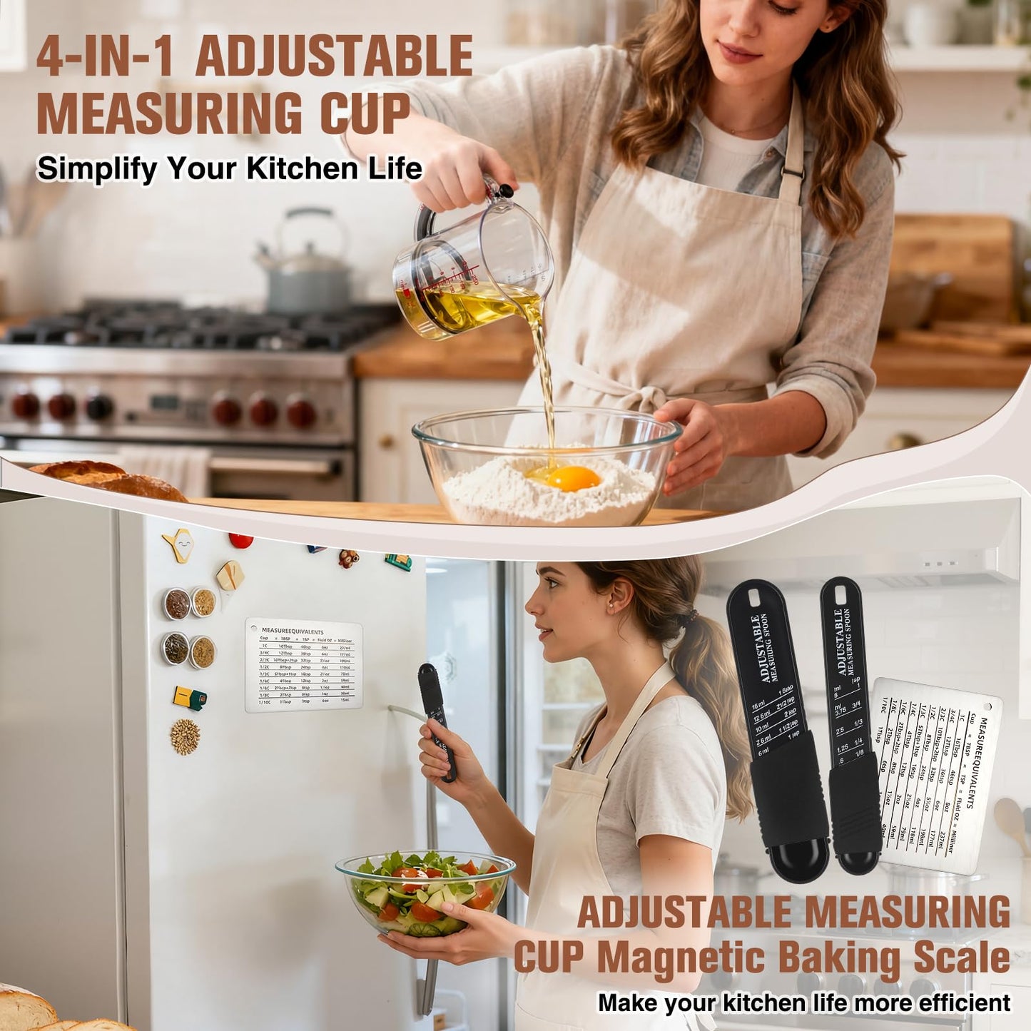 Saysurey 4 In1 Adjustable Measuring Cup Set Multi with Scraper Style Seal Base Adjustable Measuring Spoon Measurement Conversion Chart Space Saving Easy to Clean for Baking Cooking