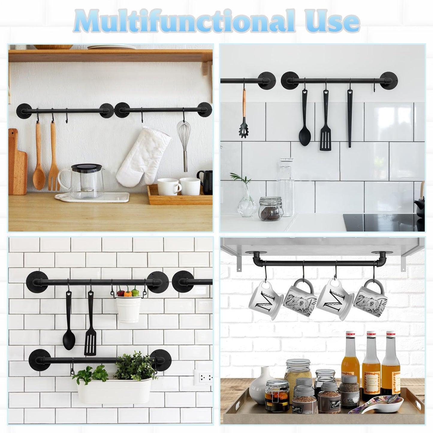 Boshangjia 16 inch Pot Rack Wall Mounted Set of 2, Pan Hangers for Kitchen, Iron Detachable Storage Organizer, Industrial Pipe Lids Holder Utensils Hanging Rail with 8 S Hooks