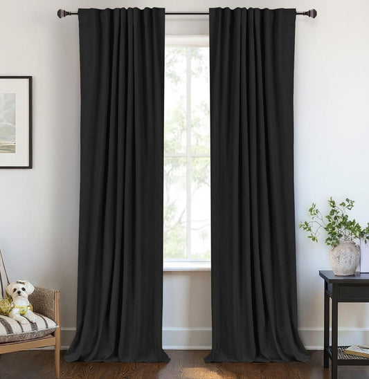 Skiennix 100% Blackout Linen Curtains - Thermal Insulated Drapes for Bedroom | 50" W x 96" L, Black