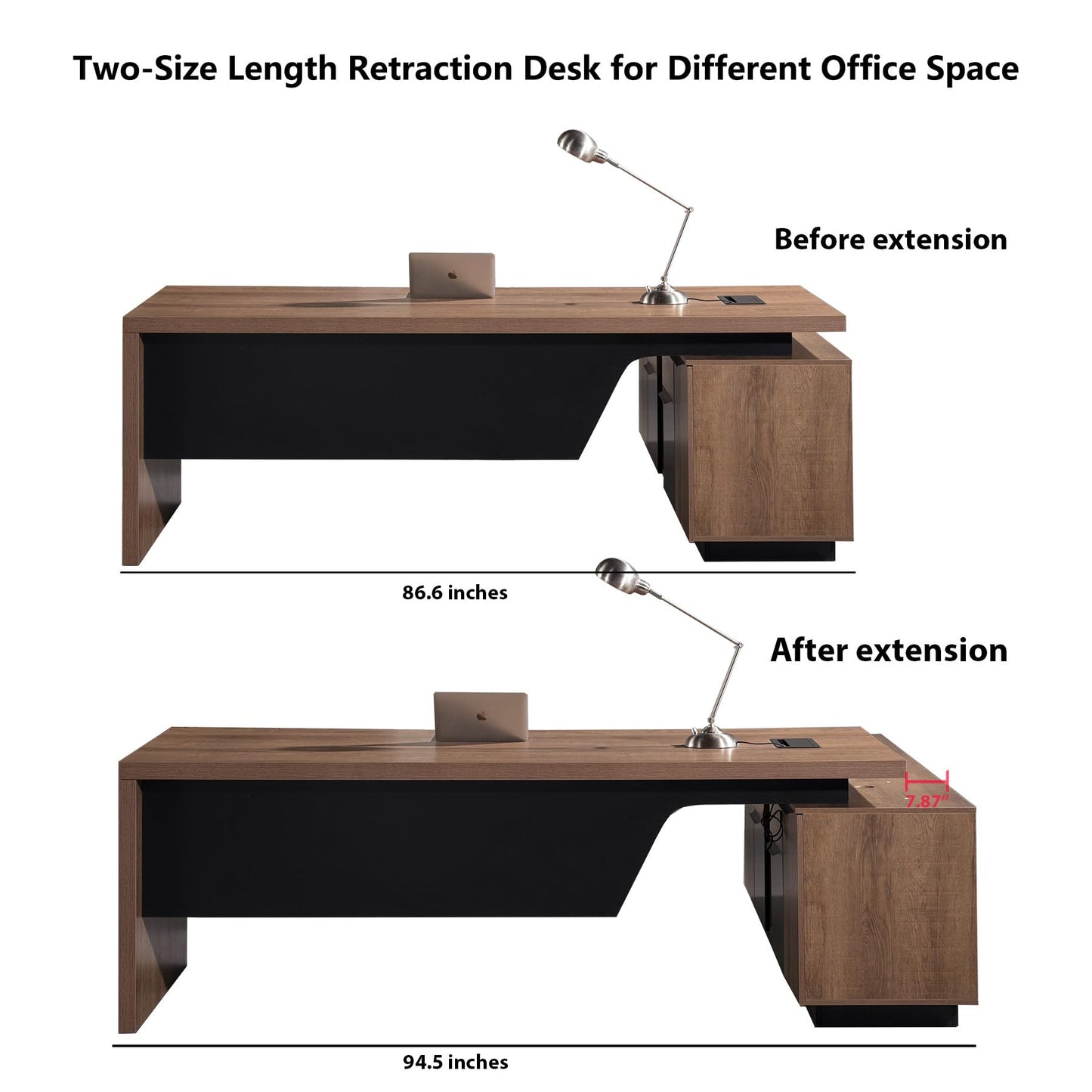 Retractable L-Shaped Executive Desk, Modern Office Desk with Drawers and Lateral File Cabinet, Large Computer Desk with Storage Shelves, Workstation for Home Office (Left Return, 86.6 - 94.5 IN)