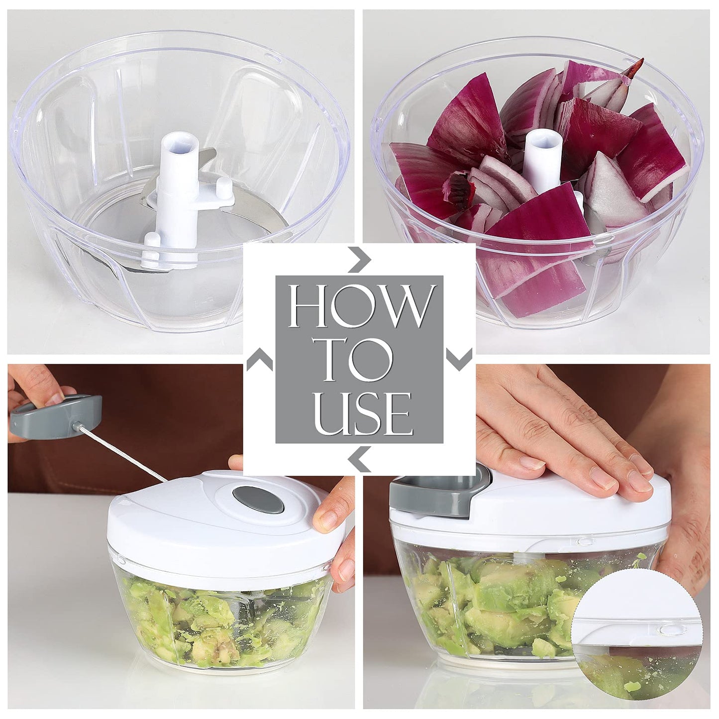 Ourokhome Manual Food Processor Vegetable Chopper, Portable Hand Pull String Garlic Mincer Onion Cutter for Veggies, Ginger, Fruits, Nuts, Herbs, etc., 500ml, White