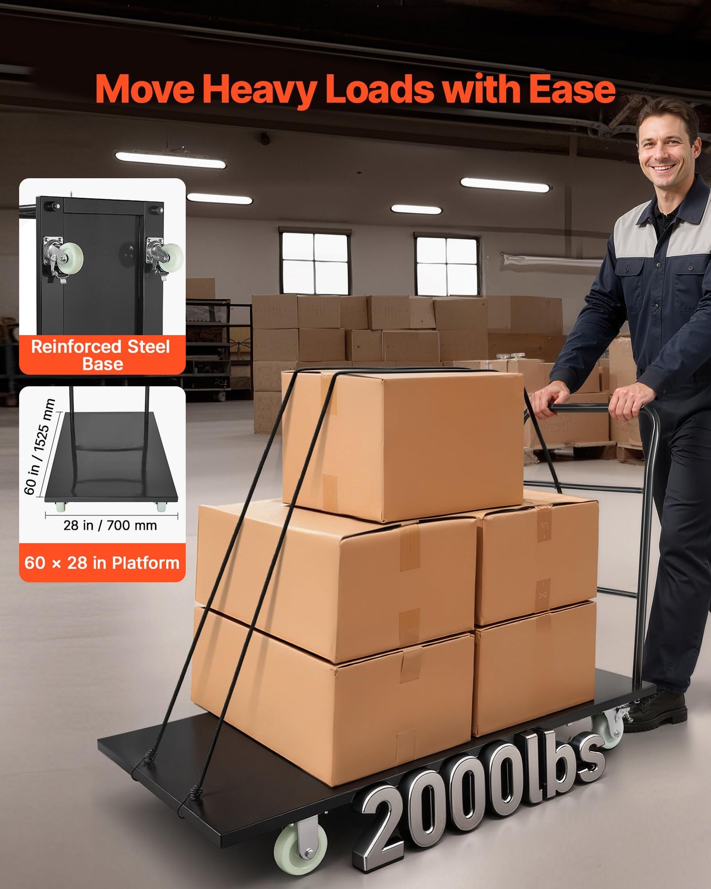 VEVOR 2000 LBS Heavy Duty Platform Truck, Upgraded Version with Larger Deck (60" x 28"), Industrial Steel Flatbed Cart with Swivel Wheels, Push Cart Dolly for Warehouse/Garage/Moving/Garden