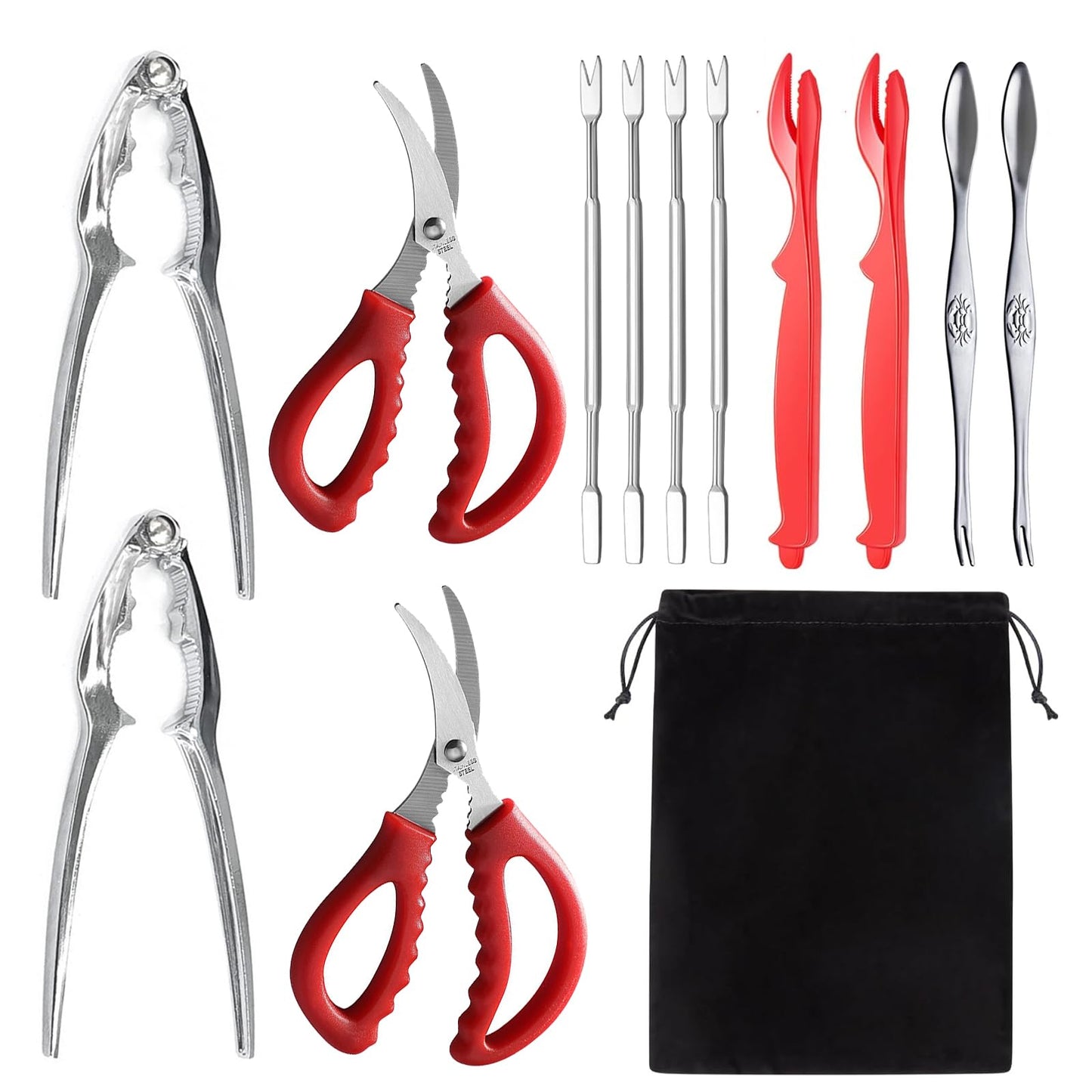 Seafood Cracker Tool Set With Lobster Sheller Stainless Steel Crab Crackers Crab Leg Fork Seafood Scissors Seafood Forks And Storage Bag, Crab Leg Pick Utensils Set Crab Eating Tools (13Pcs)