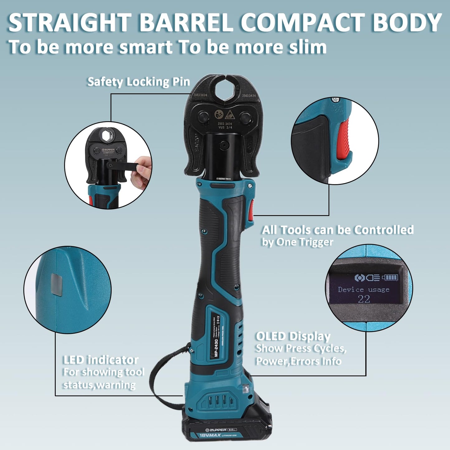 ZUPPER Compact Press Tool Kit,18V Electric Pipe Crimping Tool for 1/2"to 1-1/4" Copper Pipes Brushless Motor Compatible with Propress 2pcs 2Ah Battery