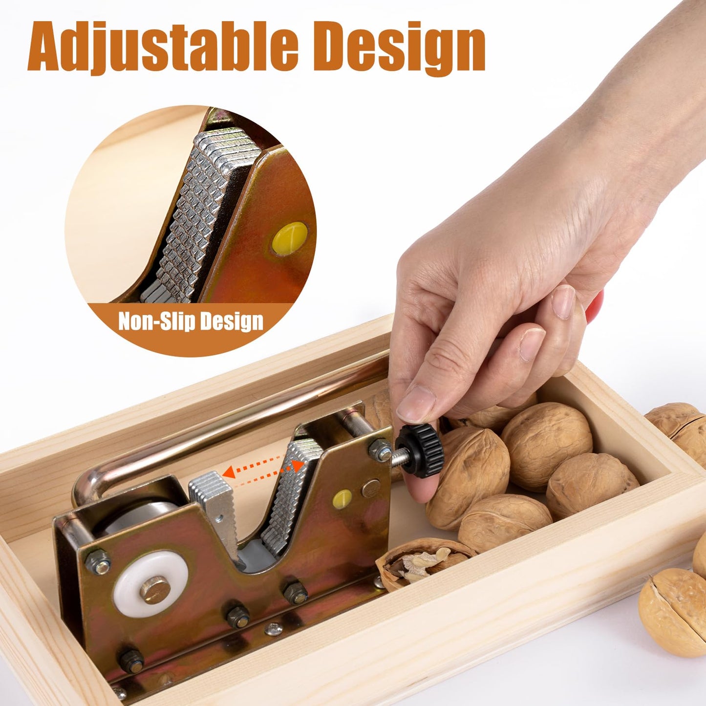 Nut Cracker Tool with Adjustable U-Groove - All-in-One Set with Wooden Storage Base & 4 Steel Picks for Pecans, Walnuts, Macadamia & More