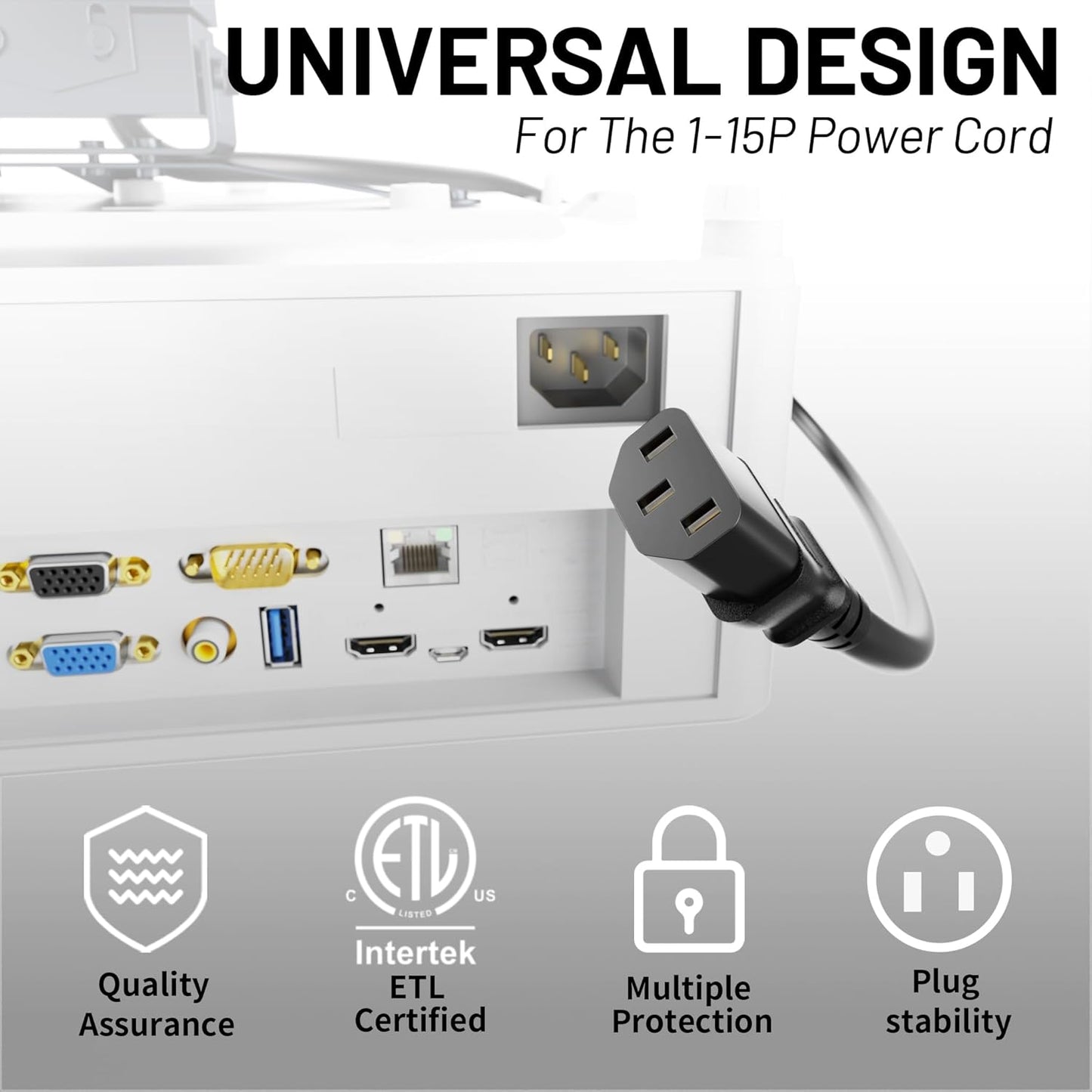 Vockjour 3 3ft 10 125 18AWG, 5-15P C13, Prong AC Power Cord Cable Amps Volts NEMA to Black PC Power Cable for TV