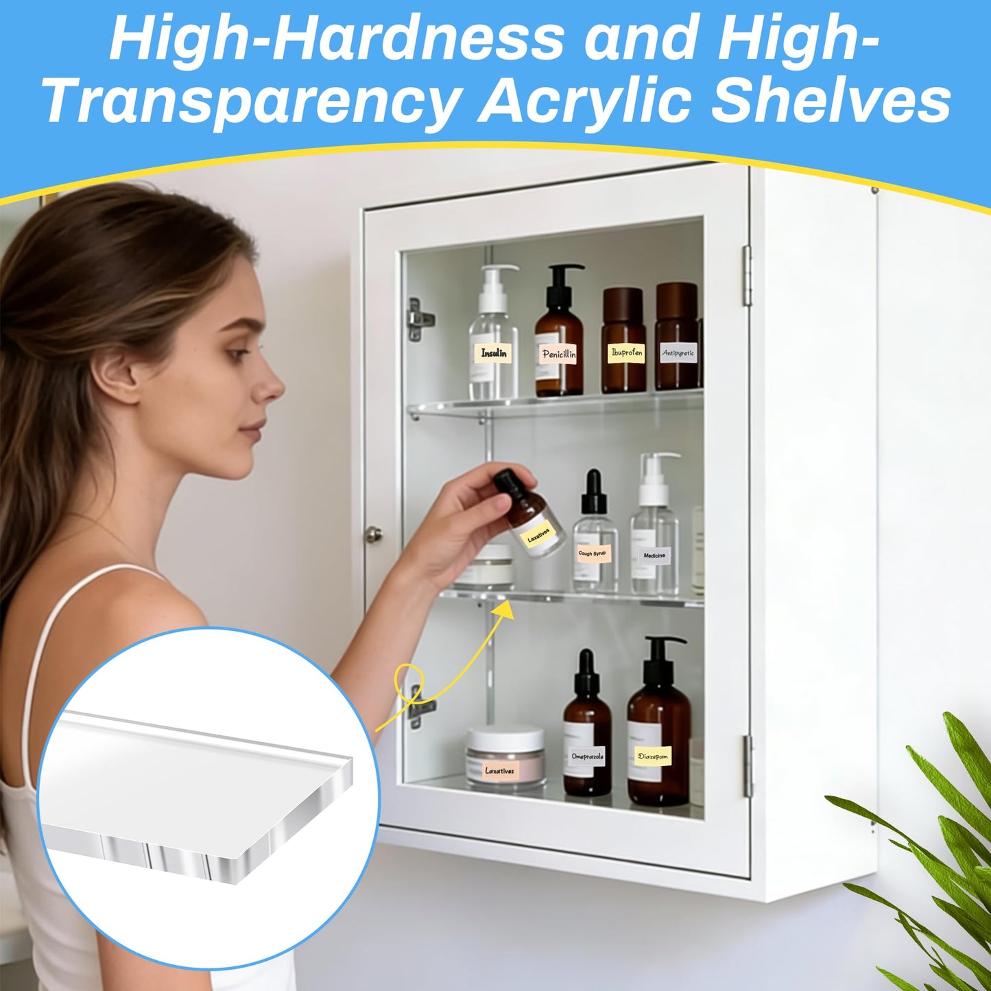 Anglecai 4 PCS 13 Inch Medicine Cabinet Shelf Replacement, Acrylic Clear Medicine Replacement Shelves for Bathroom/Living Room/Kitchen/Wall Mounted and Hanging Cabinets