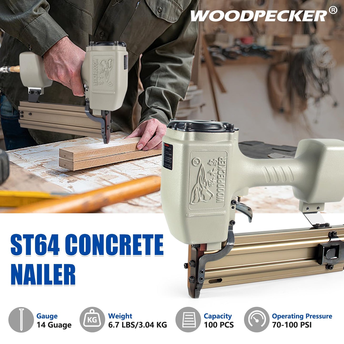 WOODPECKER ST64 Pneumatic Concrete T Nailer Kit with 1-1/4-Inch (32mm) T Nails × 800PCS