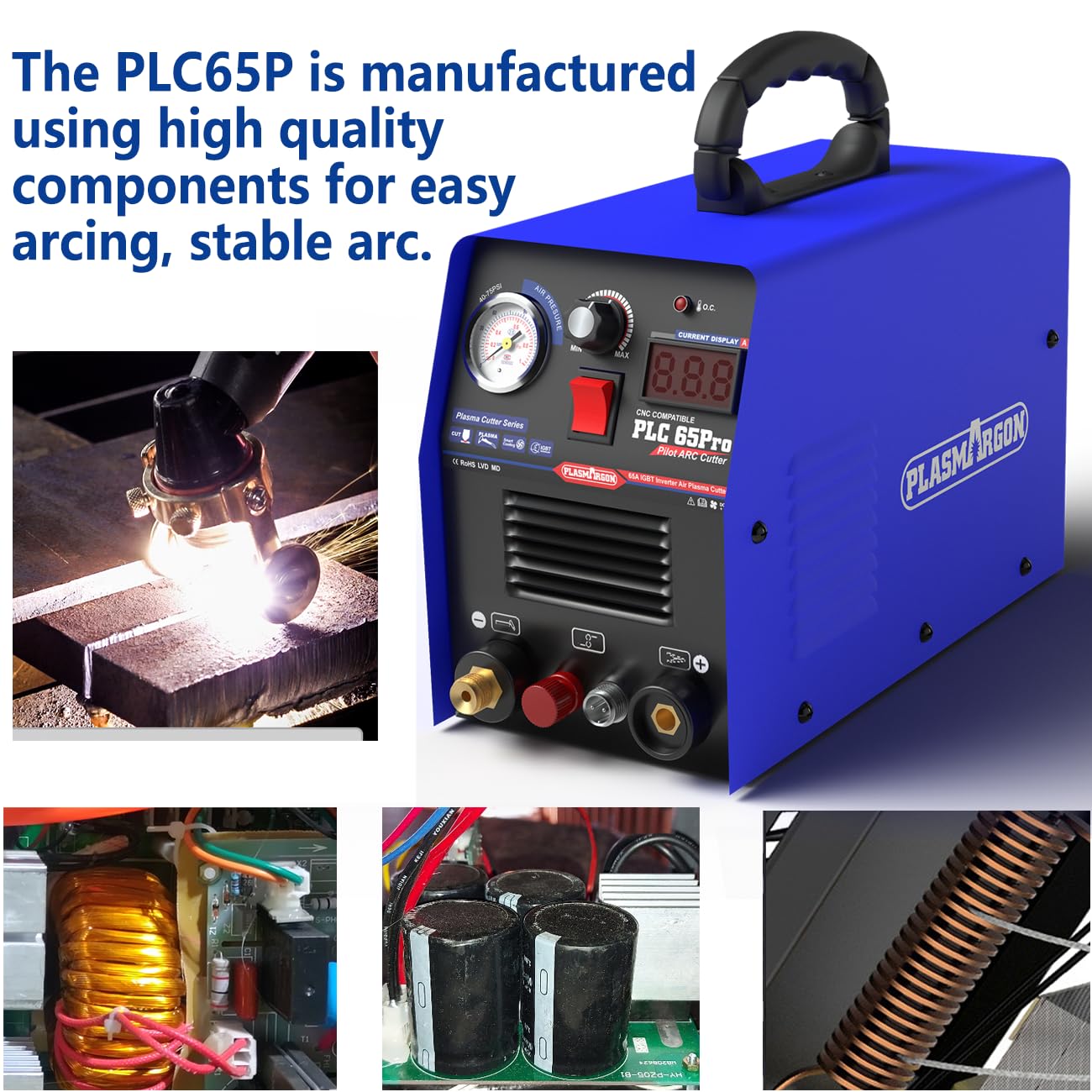 PLASMARGON PLC65Pro Plasma Cutter Machine,65Amps 110V/220V Non-Touch Pilot Arc HF Air Power, Inverter IGBT 3/5'' Inch Clean Cut LED Digital Display Plasma Cutting Equipment