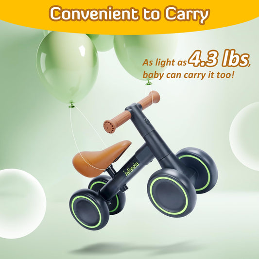 INFANZIA Baby Balance Bike for 12-36 Month Boys Girls, 1 Year Old Toddler First Bike No Pedal with Adjustable Seat, Infant 4 Wheels Bicycle Ride On Toys Kids First Birthday Gifts (Black)
