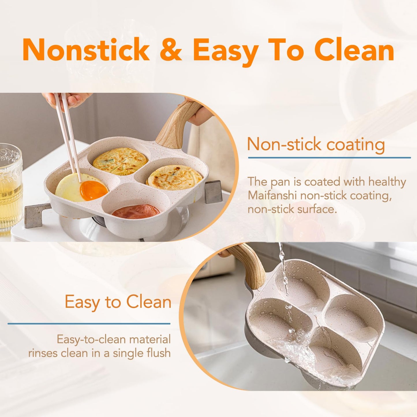 MDZF SWEET HOME Egg Pan, 4-Cup Nonstick Omelet Pan, Breakfast Frying Pan for Eggs, Steak and Pancakes, Suitable for Gas Stove & Induction Cookware