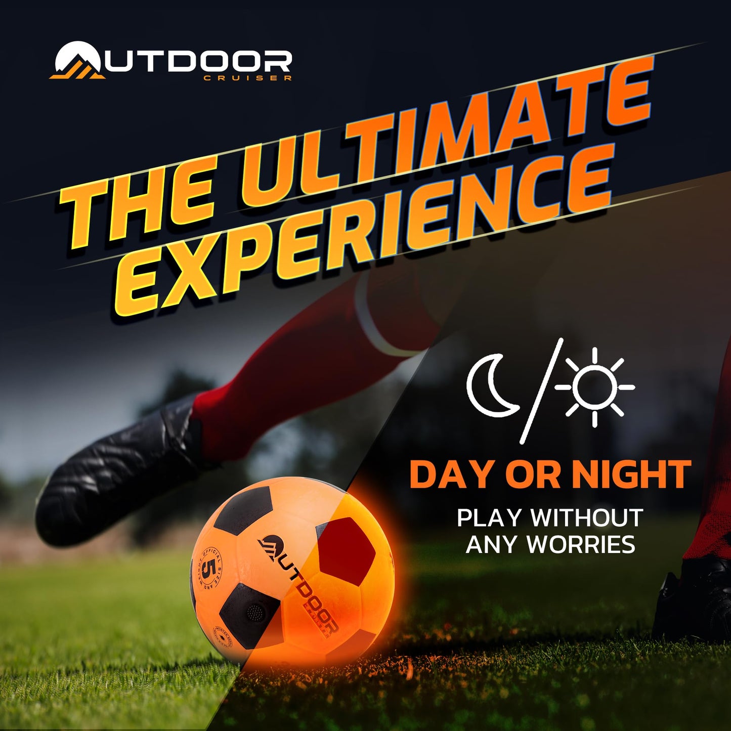 Outdoor Cruiser Light Up Soccer Ball - Waterproof Rubber Construction, Glow in the Dark, Glows Up to 30 Hours with Tap Activation, Complete Set with Pump & Spare Batteries, Official Size 5, Ages 8-15