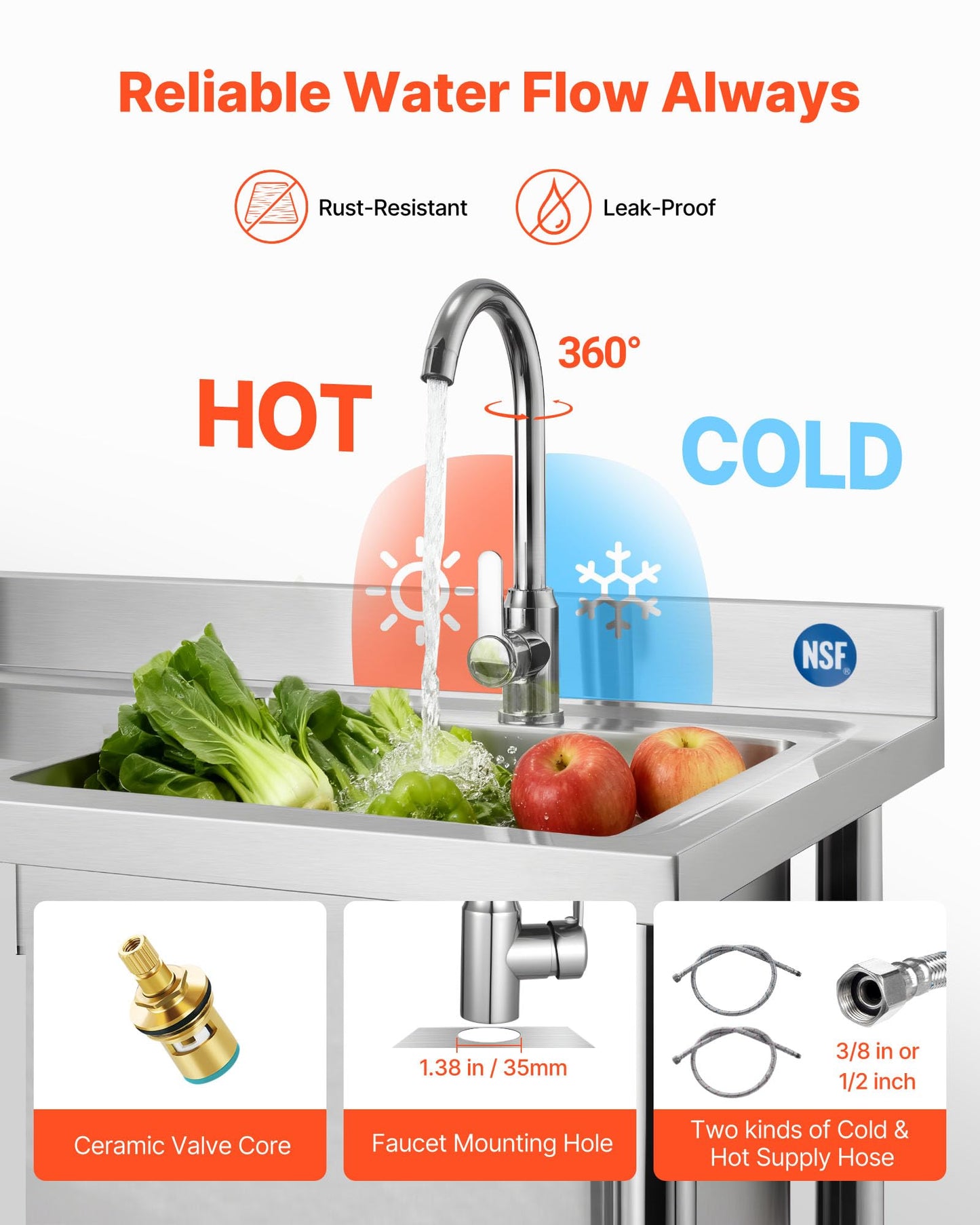 VEVOR Stainless Steel Utility Sink, Free Standing Single Bowl Commercial Kitchen Sink with Faucet, Utility Left Basin Workbench with Hot & Cold Water Pipe for Garage Restaurant Laundry, 47x19.7x37 in