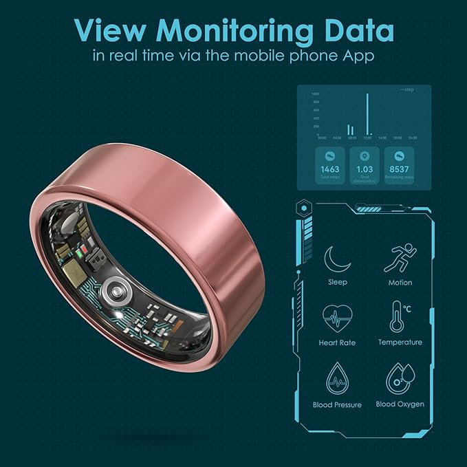 Smart Ring Health Monitoring 5ATM Waterproof Fitness Tracker with Glossy Titanium Surface Blood Oxygen/Sleep/Stress Tracking Women?™s Cycle Prediction Sport Ring Compatible with iOS/Android Yellow 13