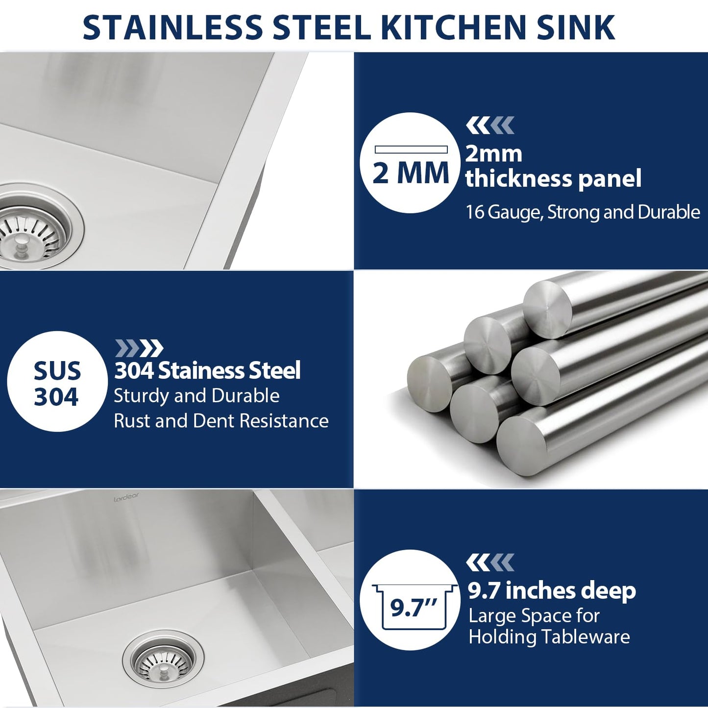 Lordear Undermount Double Kitchen Sink 32 Inch 16 Gauge Undermount Workstation 60/40 Double Bowl Sink Stainless Steel with Smart Low Divider 32x19 Inch Double Basin Kitchen Sinks Handmade