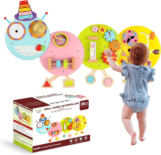 Sinpedex Caterpillar Activity Wall Busy Board for Kids:12 in 1 Sensory Wall Panel for Toddler,Wooden Montessori Educational Toys for Playroom Daycare Nursery Classroom