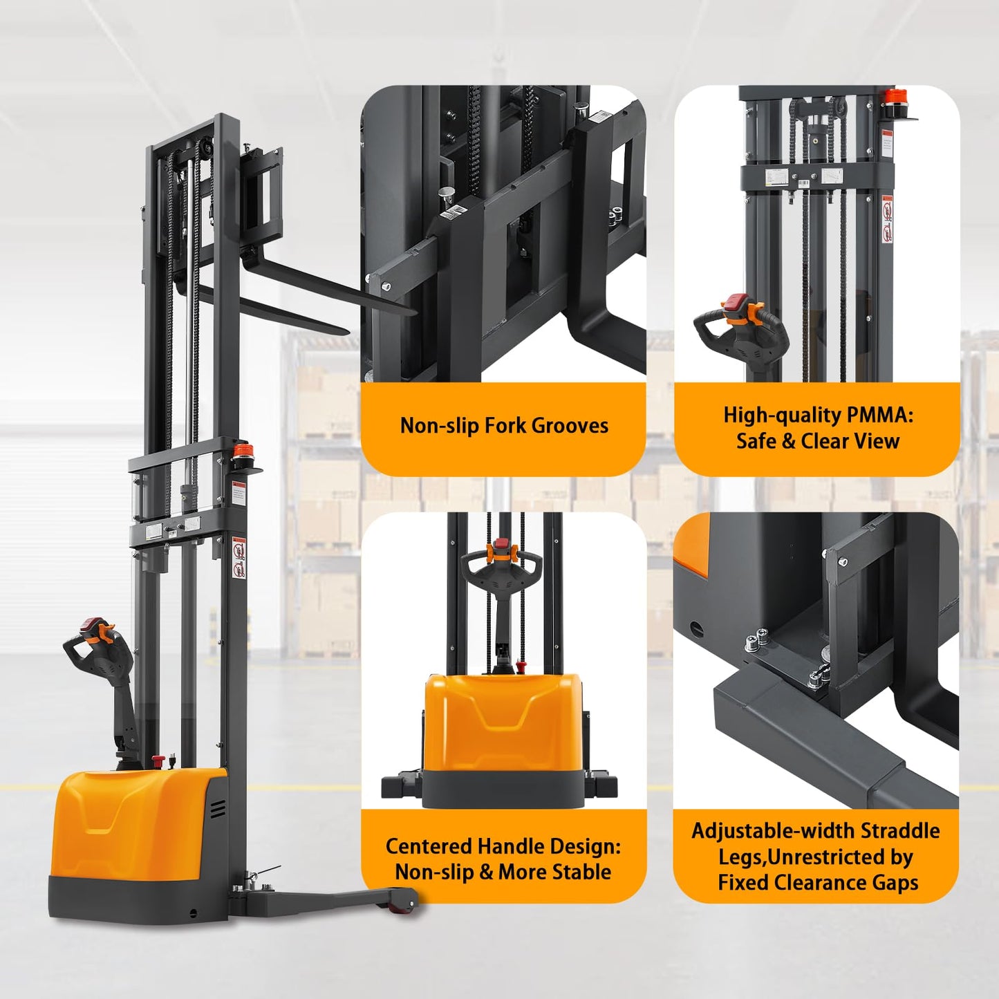 APOLLOLIFT Full Electric Stacker, Straddle Legs Pallet Stackers 98" Lifting, 3300lbs Material Lift Forklift for Warehouse with Adjustable Forks