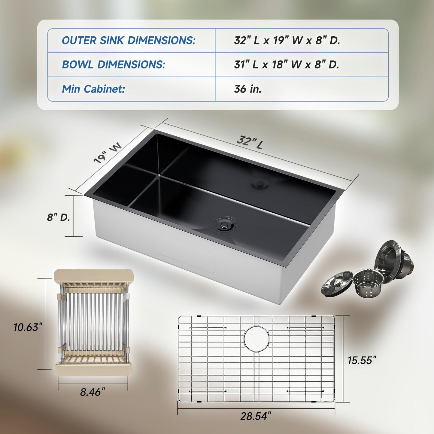 32 Inch Undermount Kitchen Sink, 32x19x8" Single Bowl Stainless Steel Handmade 16 Gauge Under Counter Kitchen Sink Basin Black