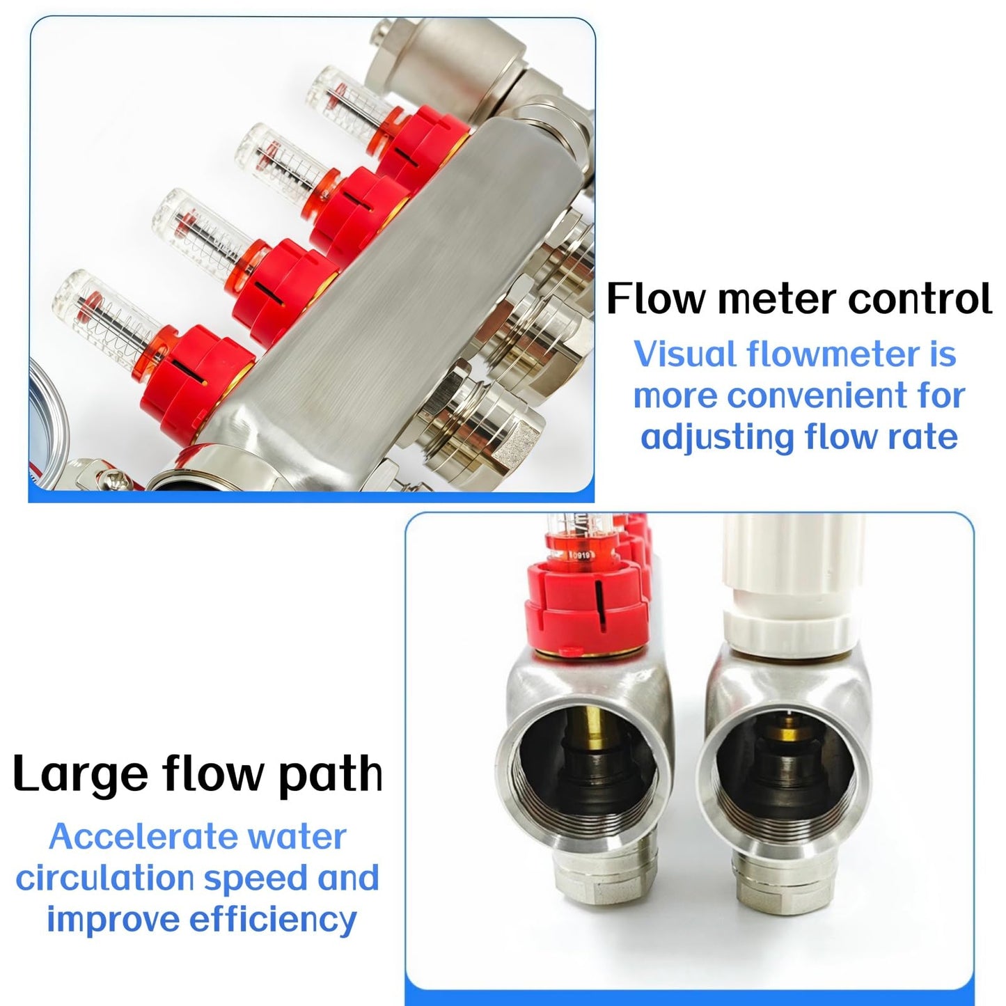 YUFUYEK 10-Loop Stainless Steel Radiant Heat Manifold, 1/2" PEX Tubing Manifold with 1/2" Adapters, 1" NPT Main Valves, Up to 1.4 GPM Flow Meter for Radiant Floor Heating