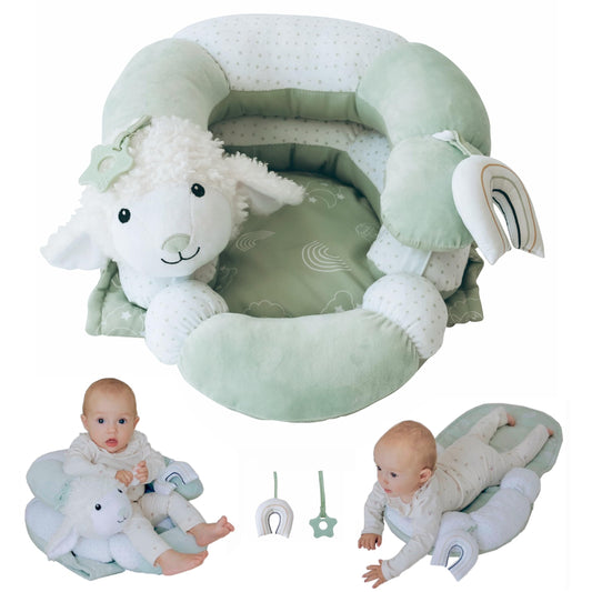 Aila+Aiden 2-in-1 Tummy Time Mat and Seated Support with Sensory Toys – for Newborns and Babies – Includes Detachable Cushion for Supervised Play & Head/Neck Development (Sage)