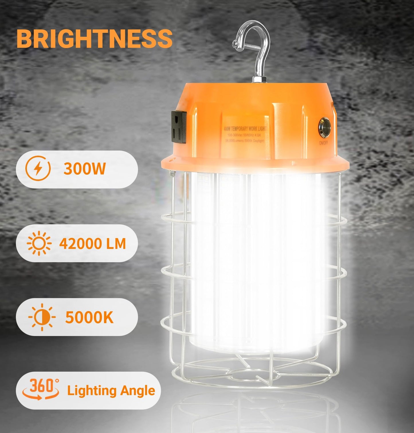 LED Temporary Work Light 300W Portable Hanging Work Construction Light,5000K 42,000 Lm with ON/Off Switch & Hook,for Job Site Lighting, Plug and Play