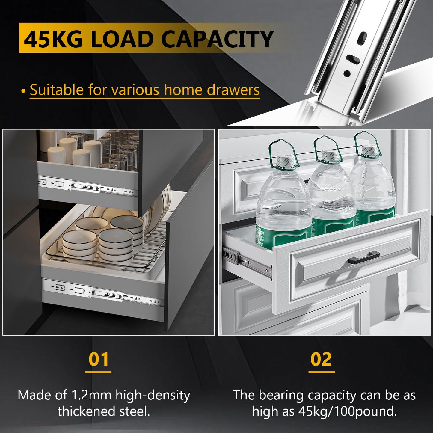 20 inch Ball Bearing Drawer Slides 6 Pairs (12pcs) - 100LB Capacity, Full Extension Side Mount Slides for Kitchen Cabinets, Wardrobes, Office Furniture (Silver 20inch)