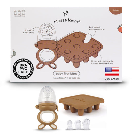 Moss and Fawn Baby's First Bites Bundle - Silicone Frozen Breast Milk Popsicle Kit with Forage Feeder & Teething Popsicle Ice Cube Tray - BPA, PVC, & Lead-Free - Foliage