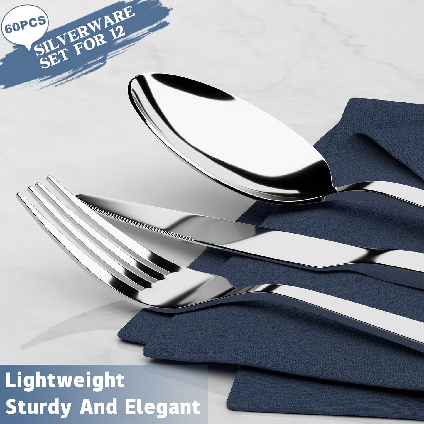 60 Piece Silverware Set For 12, Stainless Steel Flatware/Tableware Set Include Spoons/Forks/Knives, Yoehka Mirror Polished Cutlery Set For Home Kitchen Restaurant Hotel, Durable,Dishwasher Safe