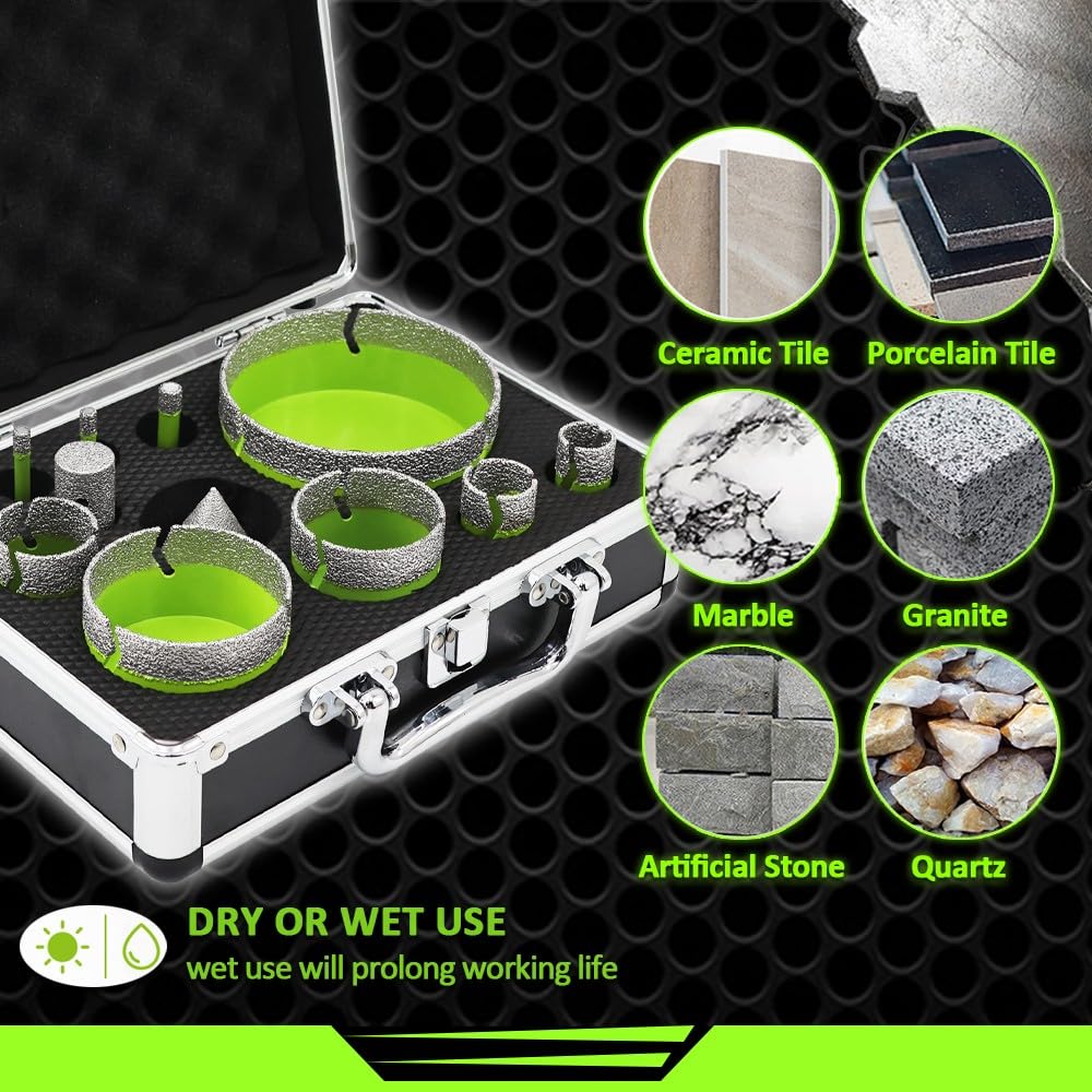 Diamond Tile Hole Saw Kit - FACHLICH from 1/4" to 4" Porcelain Ceramic Tile Diamond Core Drill Bits Set 12pcs 4/5" Finger Bit 2" Beveling Chamfer