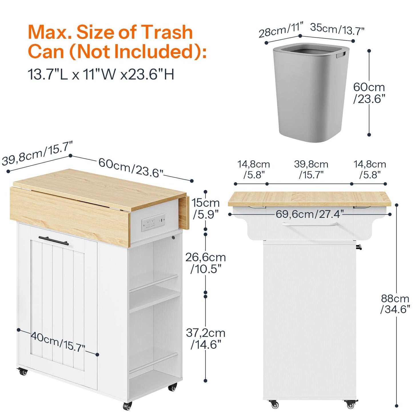 HOOBRO Kitchen Island with Trash Can Storage, Rolling Kitchen Island with Drop Leaf Countertop, Island Table with Power Outlet & Spice Rack, for 10 Gallon Garbage Bin, White and Natural WN33UZD01