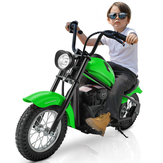 ELEMARA Electric Dirt Bike, 15 mph & 150lb Max, 24V Ride on Toy for Big Kids w/LED Lights & Power Display,Chain-Driven Motor,Twist-Grip Throttle, Shock Springs,Handbrake,12" Air-Filled Tires-Green