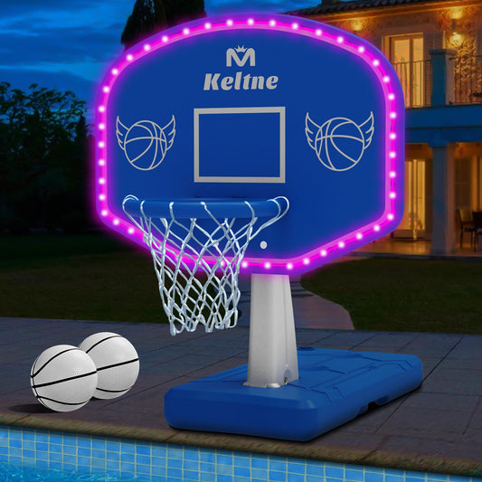 LED Pool Basketball Hoop Poolside, Super Bright Large Solar Powered Basketball Hoop for Pool, Swimming Pool Basketball Game Toys with Lengthen Sturdy Base for Kids Adults, Includes 2 Balls and Pump