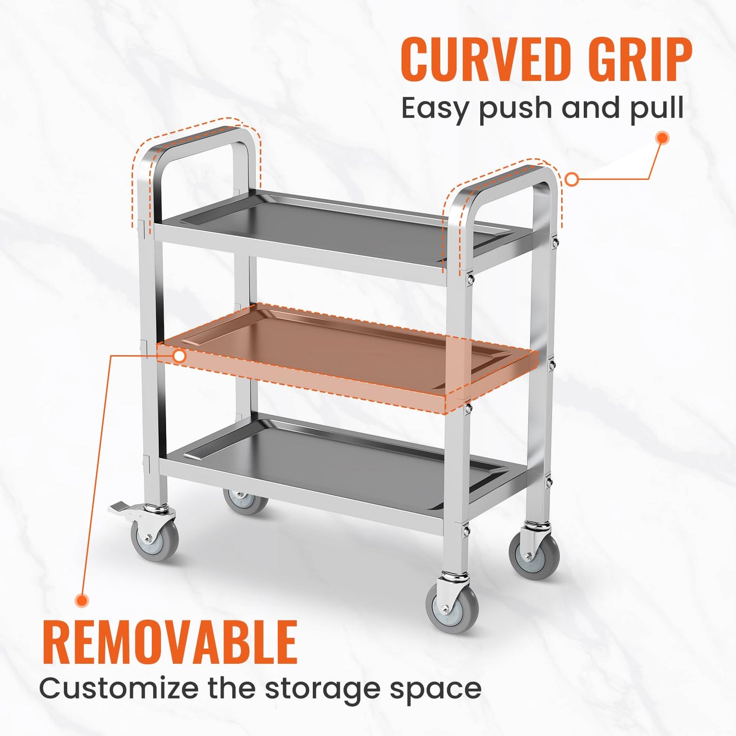 HOCCOT All Stainless Steel Cart, 3 Tier Utility Cart with Brake Wheels, Storage Trolley Heavy Duty Rolling Cart with Strong Load Bearing Easy Assembly for Home Kitchen Restaurant Hotel Lab