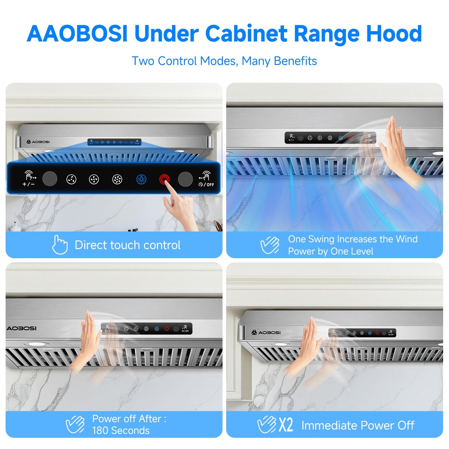 AAOBOSI 36 Inch Under Cabinet Range Hood, 800 CFM Stainless Steel Kitchen Vent Hood with Gesture Sensing, Touch Control, 3-Speed Exhaust Fan, LED Lights, Ducted Range Hood